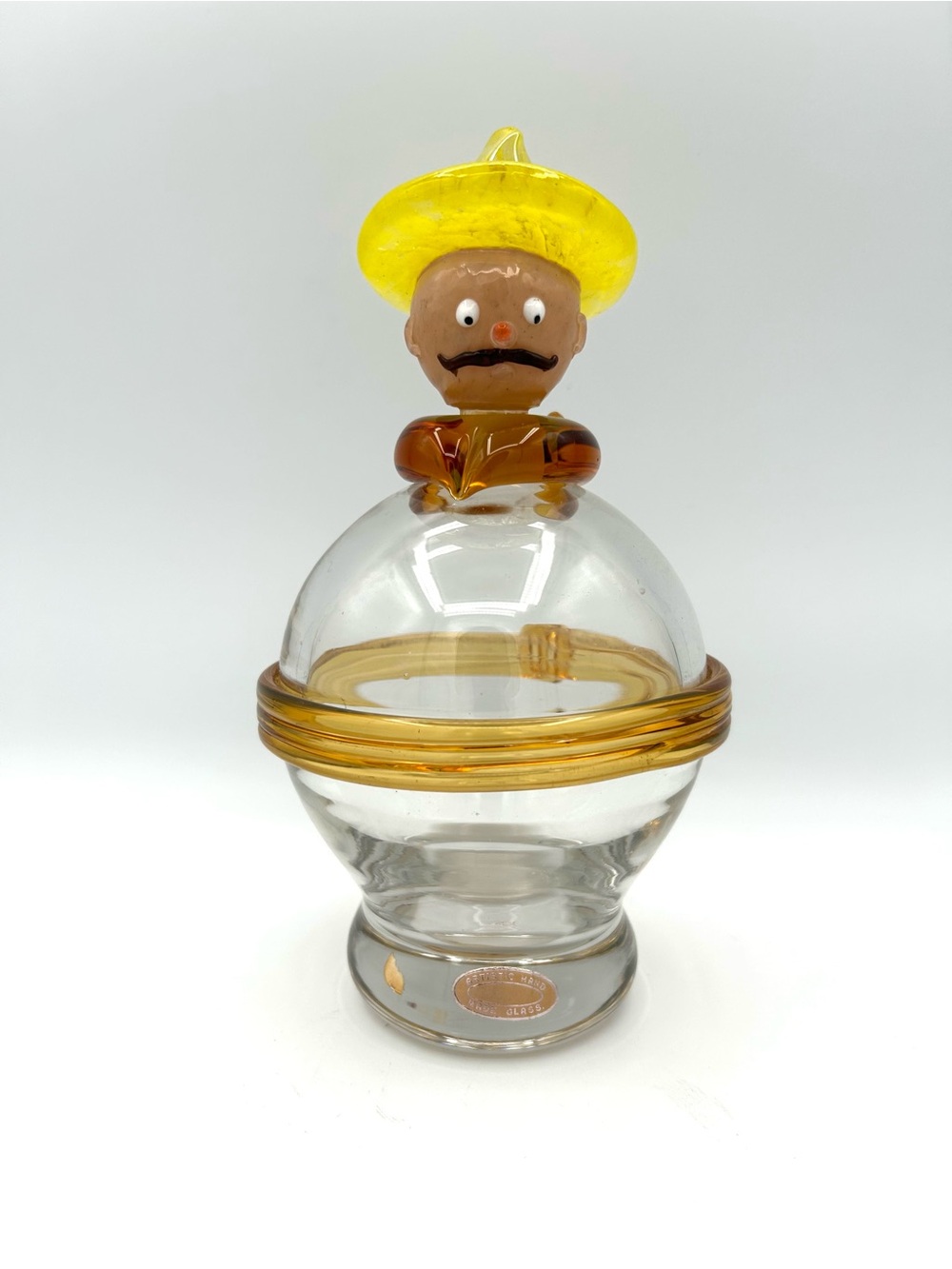 Murano Style Art Glass Decanter with Stopper of Man with Sombrero & Moustache